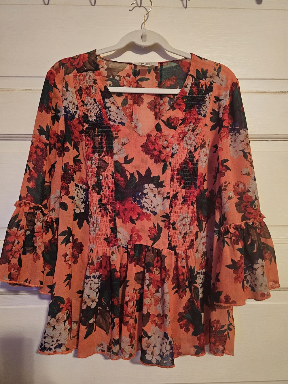 Vintage America Blues Floral Boho Smocked Blouse Orange Large